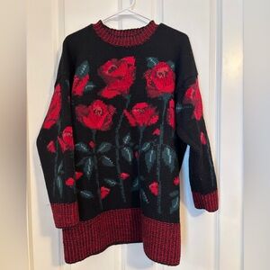 Laura Ashley - Black and Red Floral Sweater.  Wool/Cotton.  Size L.